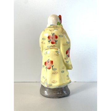 SCULTURA CERAMICA CINESE Famille Rose FIGURA DIO LONGEVITA' Shou Lao 14 cm/h