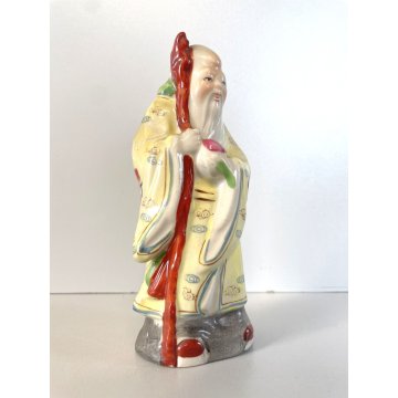 SCULTURA CERAMICA CINESE Famille Rose FIGURA DIO LONGEVITA' Shou Lao 14 cm/h