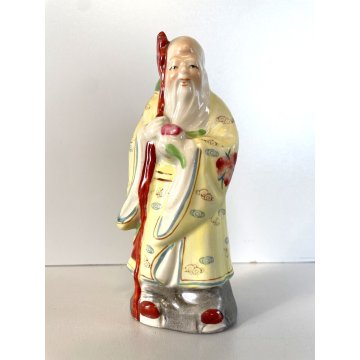 SCULTURA CERAMICA CINESE Famille Rose FIGURA DIO LONGEVITA' Shou Lao 14 cm/h