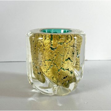 VASO VETRO MURANO SOFFIATO VERDE FOGLIA ORO BAROVIER & TOSO ø 6,5 x 6,5 cm/h '40