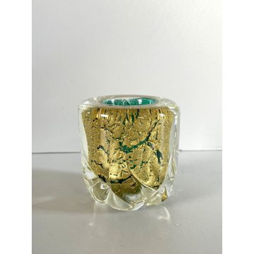 VASO VETRO MURANO SOFFIATO VERDE FOGLIA ORO BAROVIER & TOSO ø 6,5 x 6,5 cm/h '40