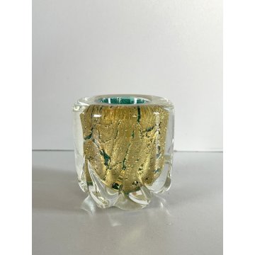 VASO VETRO MURANO SOFFIATO VERDE FOGLIA ORO BAROVIER & TOSO ø 6,5 x 6,5 cm/h '40