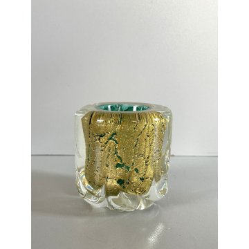 VASO VETRO MURANO SOFFIATO VERDE FOGLIA ORO BAROVIER & TOSO ø 6,5 x 6,5 cm/h '40