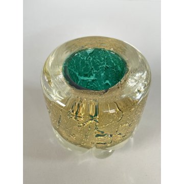 VASO VETRO MURANO SOFFIATO VERDE FOGLIA ORO BAROVIER & TOSO ø 6,5 x 6,5 cm/h '40