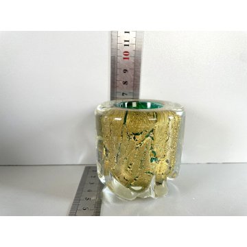 VASO VETRO MURANO SOFFIATO VERDE FOGLIA ORO BAROVIER & TOSO ø 6,5 x 6,5 cm/h '40