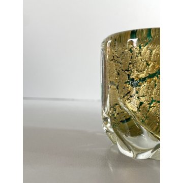 VASO VETRO MURANO SOFFIATO VERDE FOGLIA ORO BAROVIER & TOSO ø 6,5 x 6,5 cm/h '40