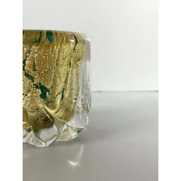 VASO VETRO MURANO SOFFIATO VERDE FOGLIA ORO BAROVIER & TOSO ø 6,5 x 6,5 cm/h '40