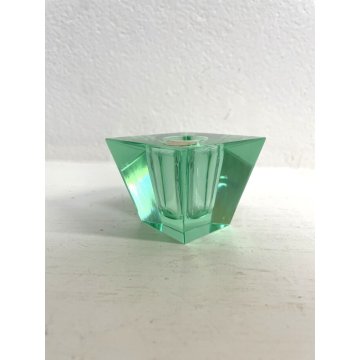 PORTA CANDELE VINTAGE VETRO MURANO Cesare Toso TAGLIO DIAMANTE VERDE ACQUA '70s