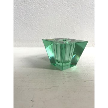 PORTA CANDELE VINTAGE VETRO MURANO Cesare Toso TAGLIO DIAMANTE VERDE ACQUA '70s