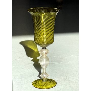 GRANDE CALICE COPPA VETRO SOFFIATO Murano GIALLO STILE BAROCCO 25,5 cm/h '900