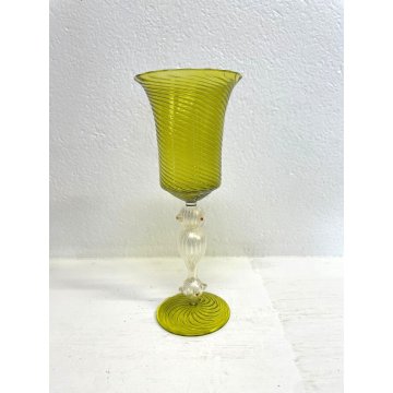 GRANDE CALICE COPPA VETRO SOFFIATO Murano GIALLO STILE BAROCCO 25,5 cm/h '900