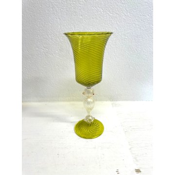 GRANDE CALICE COPPA VETRO SOFFIATO Murano GIALLO STILE BAROCCO 25,5 cm/h '900