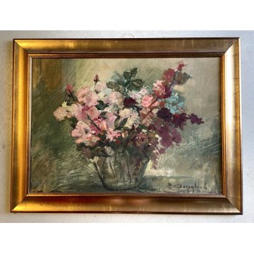 GRANDE QUADRO DIPINTO OLIO TAVOLA Anselmi (?) NATURA MORTA BOUQUET FIORI  '900