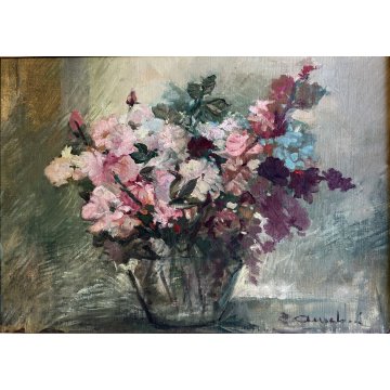 GRANDE QUADRO DIPINTO OLIO TAVOLA Anselmi (?) NATURA MORTA BOUQUET FIORI  '900