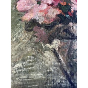 GRANDE QUADRO DIPINTO OLIO TAVOLA Anselmi (?) NATURA MORTA BOUQUET FIORI  '900