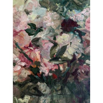 GRANDE QUADRO DIPINTO OLIO TAVOLA Anselmi (?) NATURA MORTA BOUQUET FIORI  '900