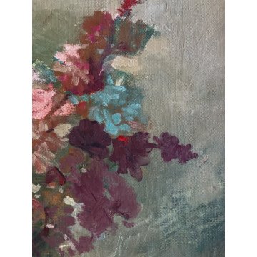 GRANDE QUADRO DIPINTO OLIO TAVOLA Anselmi (?) NATURA MORTA BOUQUET FIORI  '900