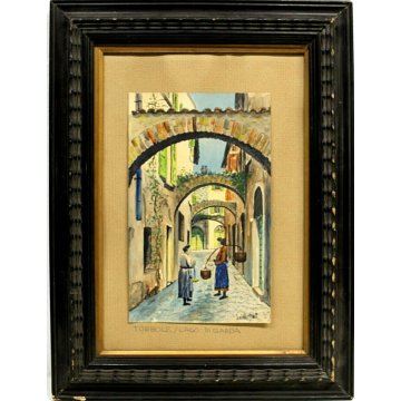 QUADRO DIPINTO ACQUERELLO PAESAGGIO BORGO F.V. Walmont TORBOLE LAGO di GARDA 