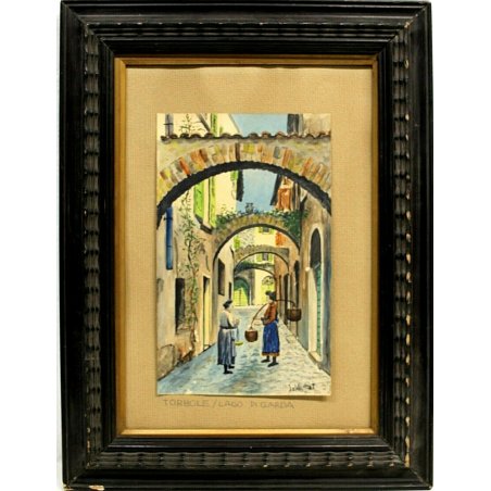 QUADRO DIPINTO ACQUERELLO PAESAGGIO BORGO F.V. Walmont TORBOLE LAGO di GARDA 