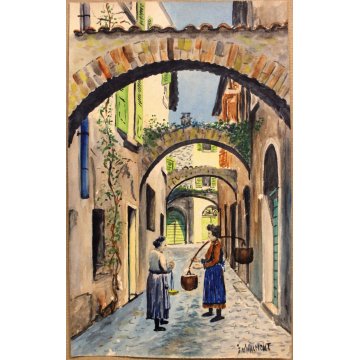 QUADRO DIPINTO ACQUERELLO PAESAGGIO BORGO F.V. Walmont TORBOLE LAGO di GARDA 