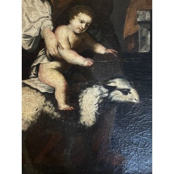 ANTICO DIPINTO OLIO TELA SACRA FAMIGLIA S. Giovanni BAMBINO SCUOLA ITALIANA '600