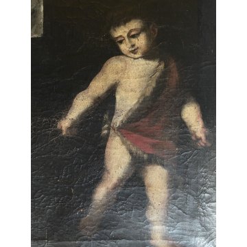 ANTICO DIPINTO OLIO TELA SACRA FAMIGLIA S. Giovanni BAMBINO SCUOLA ITALIANA '600