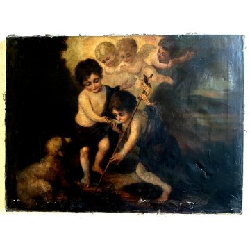 ANTICO DIPINTO OLIO TELA COPIA "I Bambini della Conchiglia" RELIGIOSO '600/'700