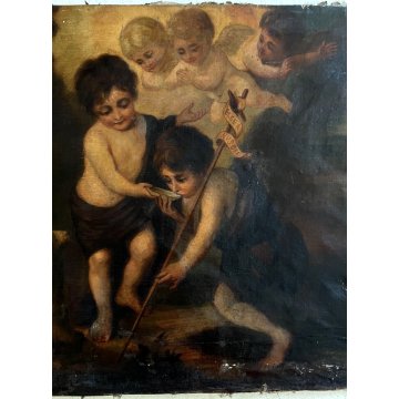 ANTICO DIPINTO OLIO TELA COPIA "I Bambini della Conchiglia" RELIGIOSO '600/'700