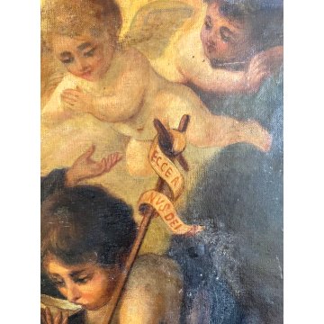 ANTICO DIPINTO OLIO TELA COPIA "I Bambini della Conchiglia" RELIGIOSO '600/'700