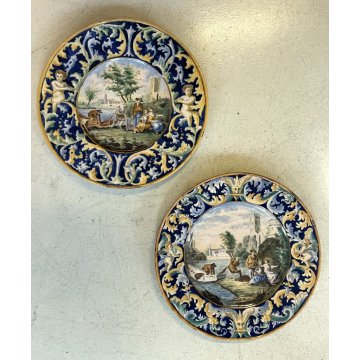 COPPIA GRANDE PIATTO PARATA CERAMICA G. Battaglia Napoli ISTORIATO ø 46 cm '800