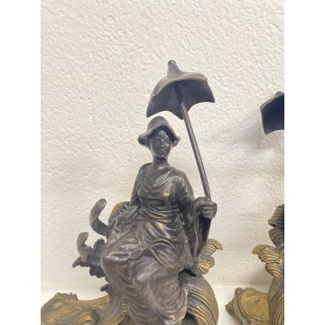 COPPIA SCULTURA DAMA BELLE EPOQUE METALLO BRONZATO EPOCA '900 OMBRELLO