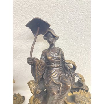 COPPIA SCULTURA DAMA BELLE EPOQUE METALLO BRONZATO EPOCA '900 OMBRELLO