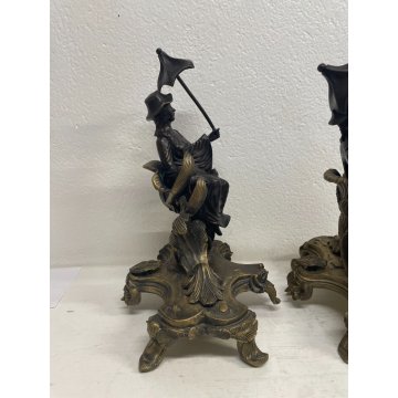 COPPIA SCULTURA DAMA BELLE EPOQUE METALLO BRONZATO EPOCA '900 OMBRELLO