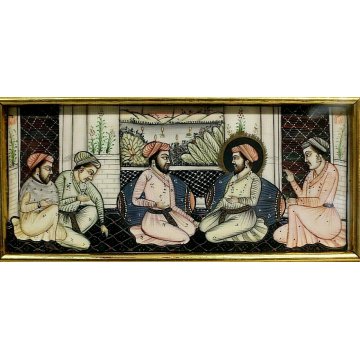 ANTICO QUADRO DIPINTO ARTE ORIENTALE SCENA CONVIVIALE INTERNO FIGURE MINIATURA  