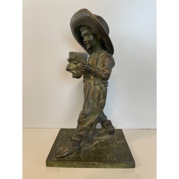 SCULTURA TUTTOTONDO FIGURA BAMBINO CONTADINO MASCHERA RITRATTO BRONZO EPOCA '900