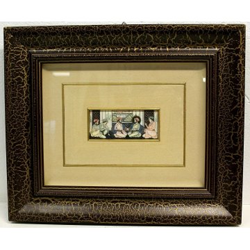 ANTICO QUADRO DIPINTO ARTE ORIENTALE SCENA CONVIVIALE INTERNO FIGURE MINIATURA  