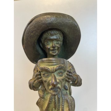 SCULTURA TUTTOTONDO FIGURA BAMBINO CONTADINO MASCHERA RITRATTO BRONZO EPOCA '900