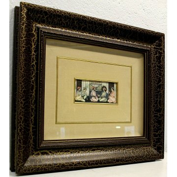 ANTICO QUADRO DIPINTO ARTE ORIENTALE SCENA CONVIVIALE INTERNO FIGURE MINIATURA  
