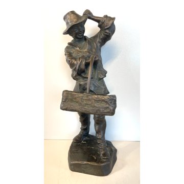 SCULTURA TUTTOTONDO FIGURA UOMO FRUTTIVENDOLO RITRATTO BRONZO EPOCA '900 CESTINO