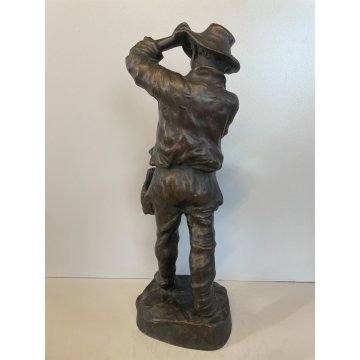 SCULTURA TUTTOTONDO FIGURA UOMO FRUTTIVENDOLO RITRATTO BRONZO EPOCA '900 CESTINO