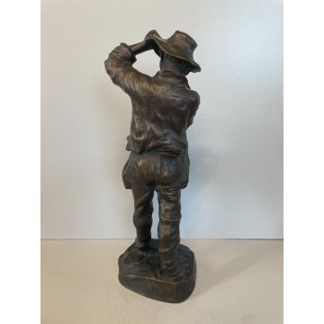 SCULTURA TUTTOTONDO FIGURA UOMO FRUTTIVENDOLO RITRATTO BRONZO EPOCA '900 CESTINO