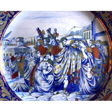 GRANDE PIATTO PARATA MAIOLICA LUSTRO SCENA STORIA ROMANA S.M.G. Gualdo T. ø 50cm