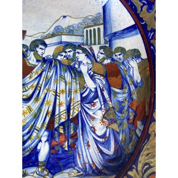 GRANDE PIATTO PARATA MAIOLICA LUSTRO SCENA STORIA ROMANA S.M.G. Gualdo T. ø 50cm