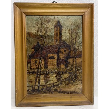 QUADRO DIPINTO PAESAGGIO AUTUNNALE SCORCIO ANTICO BORGO CHIESA CAMPANILE LAGO