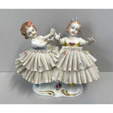 ANTICA PORCELLANA COPPIA BALLERINE BAMBINE DAMIGELLE FIGURA DAMA Dresda PIZZO