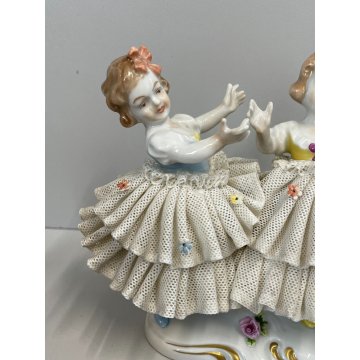 ANTICA PORCELLANA COPPIA BALLERINE BAMBINE DAMIGELLE FIGURA DAMA Dresda PIZZO