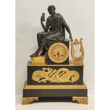 ANTICO OROLOGIO TAVOLO PENDOLO IMPERO Parigina SCULTURA Apollo LIRA DORATO clock