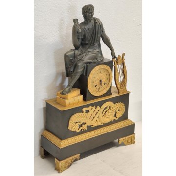 ANTICO OROLOGIO TAVOLO PENDOLO IMPERO Parigina SCULTURA Apollo LIRA DORATO clock