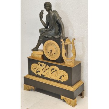 ANTICO OROLOGIO TAVOLO PENDOLO IMPERO Parigina SCULTURA Apollo LIRA DORATO clock