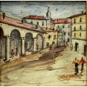 PICCOLO QUADRO DIPINTO ACQUERELLO Luigi Fumagalli ARCHITETTURA CITTA PORTICI 900